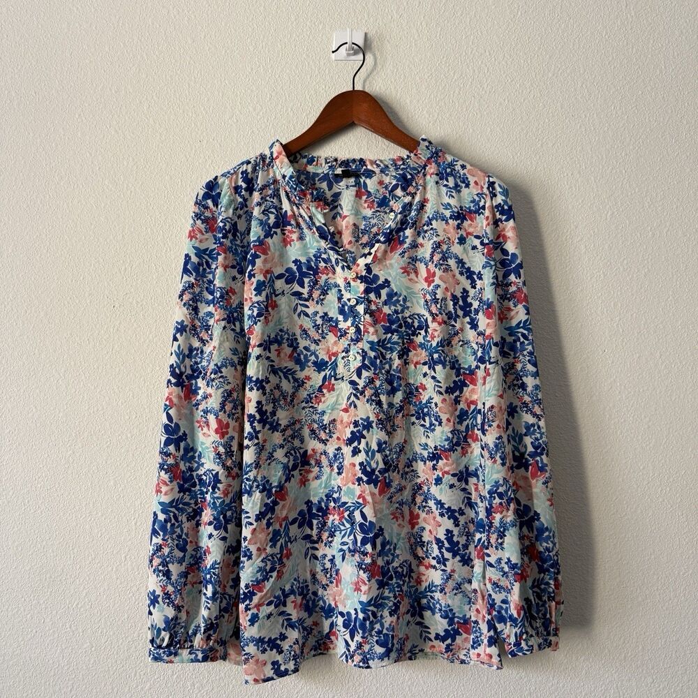 Talbots Blouse Womens XL Floral Ruffle V-Neck Popover Blue Pink Aqua Coastal